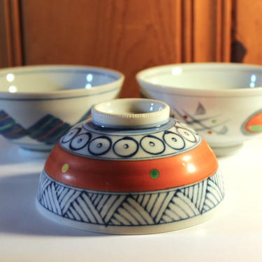 Trio of Bright Vintage Bowls Modern Asian Blue and White 