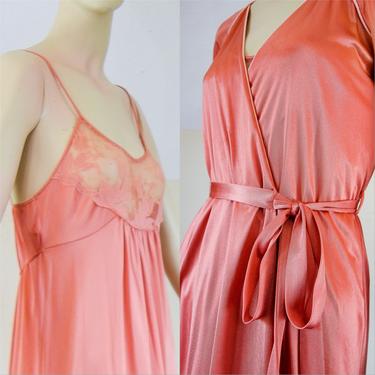 Vintage full length nightgown and robe set in blush pink sheer lace, sexy 70s lingerie sleepwear, spaghetti strap long pastel nightie Magnin 