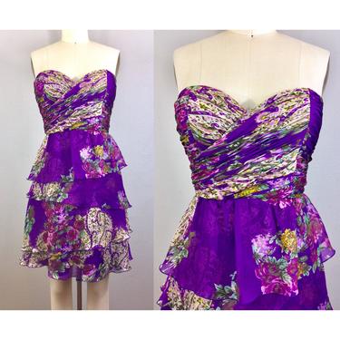Vintage OLEG CASSINI Strapless Mini Dress Silk Purple Floral Tiered Party Prom Evening M 