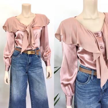 Vintage Blush Pink Silk Charmeuse Shawl / Scarf Collar Button Front Blouse 
