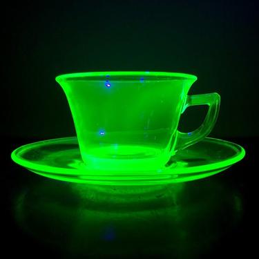 Antique Cambridge Glass Round Green Uranium Glass Cup and Saucer 