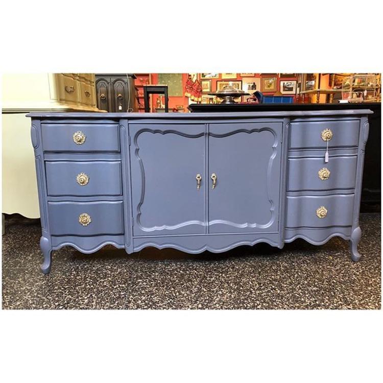 Fabulous gray painted faux French provincial dresser with beautiful flower knobs 63” width/ 18” deep / 30” height 