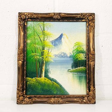 Vintage Island Original Tiki Painting Art White Copper Plastic Frame Painted Oil Acrylic Paint Amateur Painter Water Mountain Landscape 
