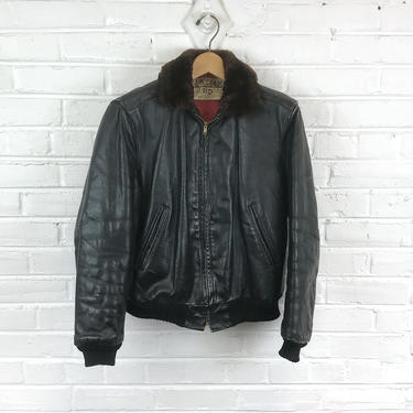 Size 38 Vintage 1950s Californian Black Leather Bomber Jacket w/ Mouton Collar 