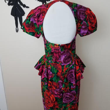 Vintage 1980's Does 1950's Floral Dress / 80s Peplum Cutout Dress M 