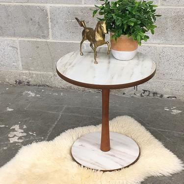 Vintage Side Table Retro 1990s Contemporary + Faux Marble + Laminate + Brown Wood + Round Top + Mid Century Style + Plant Stand + MCM Decor 