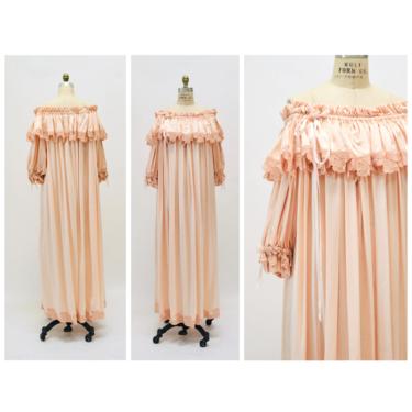 70s 80s Vintage Peggy Jennings Neiman Marcus Silk Nightgown Ruffle Lace Sleep Dress Peach Moo Moo EDWARDIAN Silk Nightgown Dress Medium 