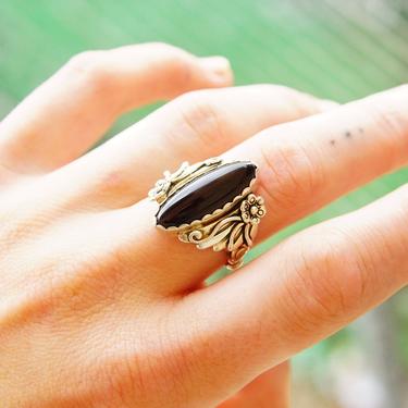 Vintage Hallmarked Navajo Sterling Silver Back Onyx Ring, RMJ Sterling, Floral Motifs, Ornate Silver Setting, Native American, Size 9 US 