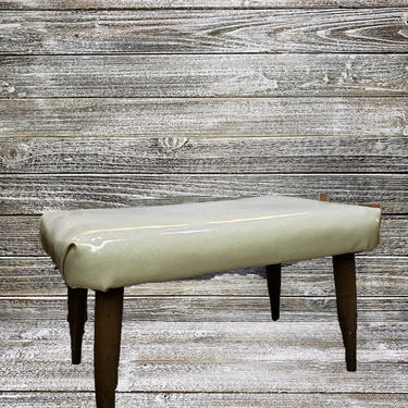Vintage 1950's Footstool, Reupholstered Mid Century Vinyl Stool, White Glitter Vinyl Ottoman, Danish Modern Stool, Vintage Furniture 