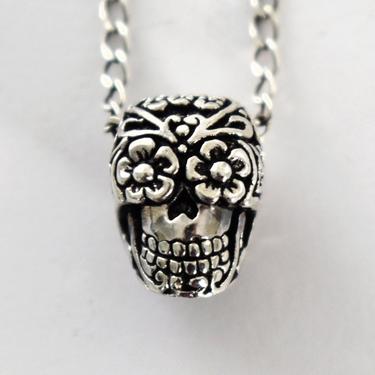 Ornate 90's sterling sugar skull goth pendant, heavy 925 silver edgy floral skull biker hippie necklace 