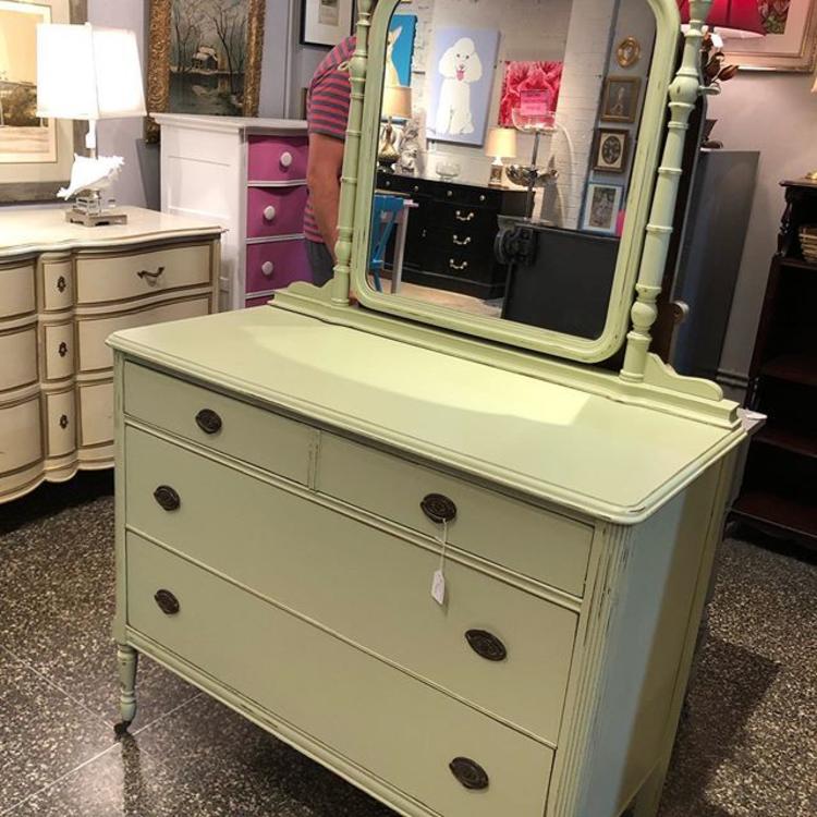                   Green painted dresser with mirror