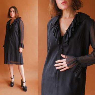 Vintage 60s Black Ruffle Shift Dress/ 1960s Long Sleeve Cotton Voile Dress/ Size Medium 