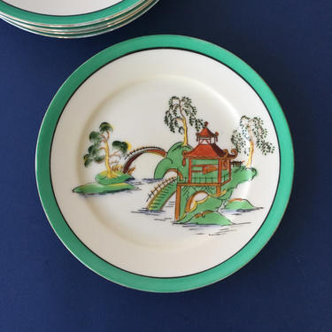 Vintage Noritake China Plates - Pagoda with Green Rim, set of 5 | chinoiserie plates, salad plates, dessert plates, hand painted, red mark 