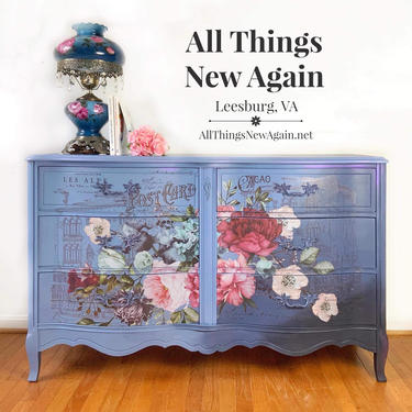 Dresser | French Provincial Dresser | Blue Dresser | Vintage Dresser Painted Blue | Blue Dresser with Flowers | Blue Bedroom Furniture 