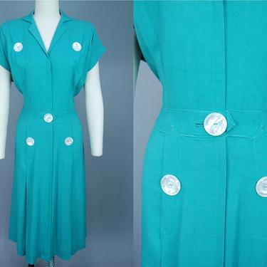 1940s Linen Dress with Big Buttons | Vintage 40s Cerulean Blue Day Dress | extra large 
