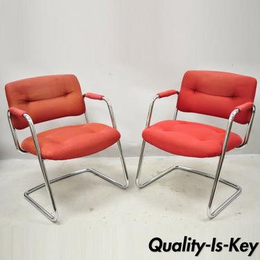 Steelcase Mid Century Modern Tubular Chrome Red Upholstered Arm Lounge Chairs B