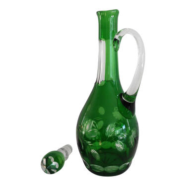 Antique Bohemian Cut To Clear Emerald Green Crystal Decanter with Handle 