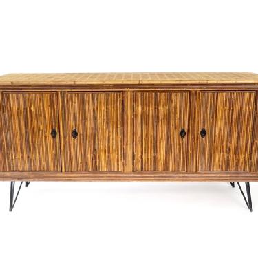 French Bamboo or Split Reed Grass Cloth Topped Four Door Buffet on Iron Legs