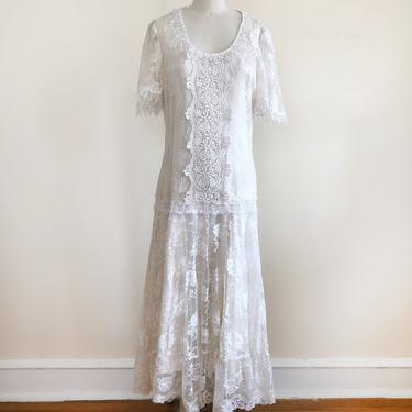 White Lace Midi Dress with Dropped Waist by Jessica McClintock - 1980s 