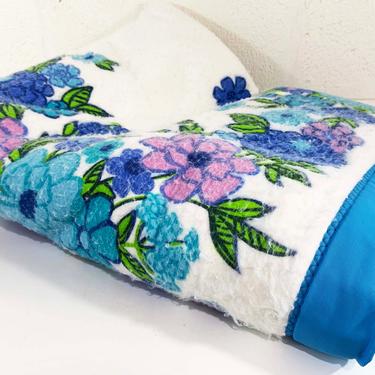 Vintage Floral Blanket Fashion Manor Penney's Kay Printed Blanket Full Size Coverlet Bedspread Flower Power 1970s Throw Blue Purple White 