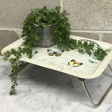 Vintage Lap Tray Retro 1970s Bohemian + Metal + Butterflies and Plants + Rectangular + Folds Up + TV or Serving Tray + Home or Kitchen Decor 