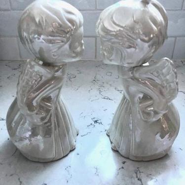 Vintage Large Kissing Angels Ceramic Pair Holiday Iridescent Decoration Christmas 7 1/2 inches, Antique Angels Home Decoration by LeChalet