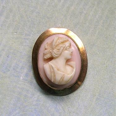 Antique 10K Yellow Gold Angel Skin Cameo Pendant Pin Brooch, Old Carved Cameo With Woman, Antique 10k Gold Cameo Pendant (#3939) 