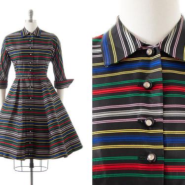 Vintage 1950s Shirt Dress | 50s Maxan Style Rainbow Colorful Striped Black Rayon Satin Shirtwaist Evening Party Gown with Pockets (small) 