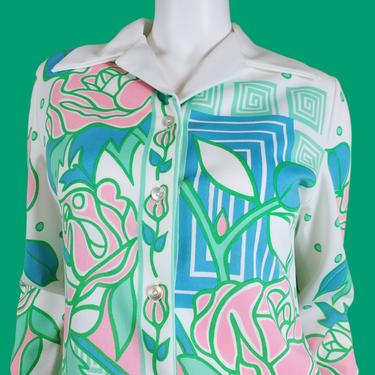 1960s vibrant spring blouse. Mod madness. Polyester liesure wear. Dagger collar. Brilliant colors. Size M. 