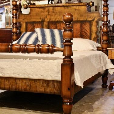 Impressive Custom Cannonball &amp; Bell Bed in Rare 5" Heavy Stock in Cherry &amp; Tiger Maple, Resized to King