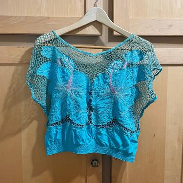 Turquoise Crochet Crop Top Festival Shirt 80s Tops 1980s Tees 