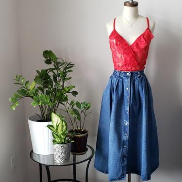 Vintage 90s Full Denim Skirt with Snaps| 90s Denim Circle Full Midi Skirt 