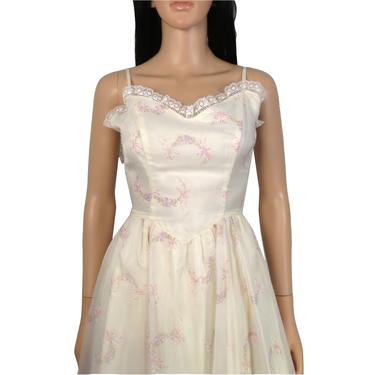 Vintage 60s/70s Ivory Ribbon Print Lacey Princess Dress Size XS 