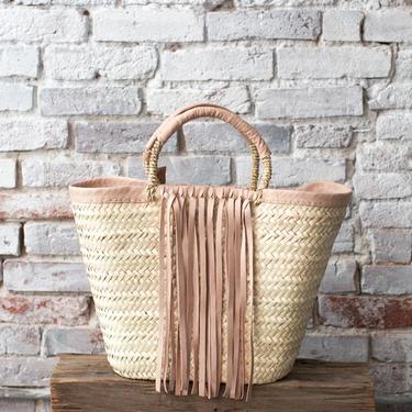 Leather Fringe Woven Palm Tote Bag