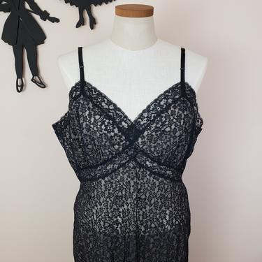 Vintage 1950's Black Lace Slip Nightgown / 60s Peignoir Lounge Wear Lingerie XL/XXL 