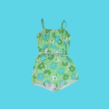 1950s Vintage Floral Bathing Suit One Piece Green and Blue Novelty Print Romper Swimsuit Size S M 