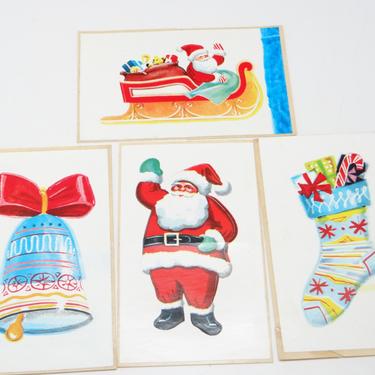 1950's Christmas Decals from Bon Ami Glass Gloss, Vintage Advertising Santa, Bell & Stocking 