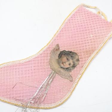 Early 1900's Victorian Pink Christmas Stocking with Angel and Tinsel Candy Container Ornament 