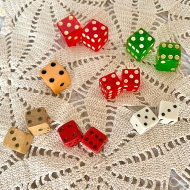 Vintage Dice, Red, Green Lucite, Wood Dice, Game Pieces, Collectibles 