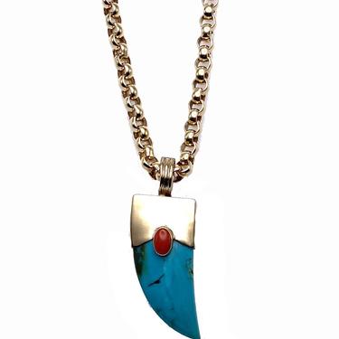 Turquoise and Coral Horn Pendant Necklace