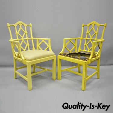 Pair Fretwork Chinoiserie Hollywood Regency Chairs Chinese Chippendale Armchairs
