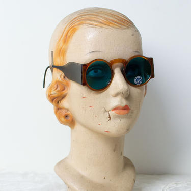 1940s Sunglasses / 30s 40s Brown Blue Lens Side Shield &amp;quot;Blinkers&amp;quot; Sunglasses 
