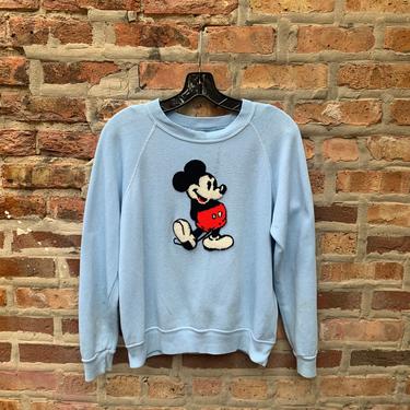 Vintage 70s Disney Mickey Mouse Raglan Sweatshirt Size Medium Chain Stitch Bassett Walker flocked chenille 