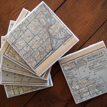 1931 Michigan Vintage Map Coaster Set of 6. Detroit Map. Lansing Gift. Housewarming. State Map Michigan History Gift. Grand Rapids. Barware 