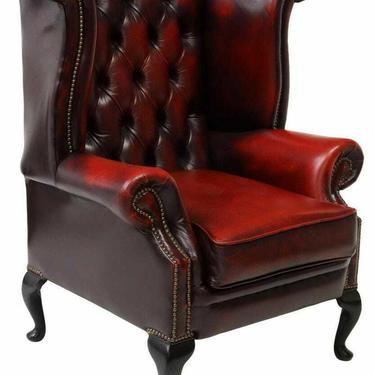 Armchair, Queen Anne Style Oxblood Leather Wingback, Winchester, Nail Head Trim!