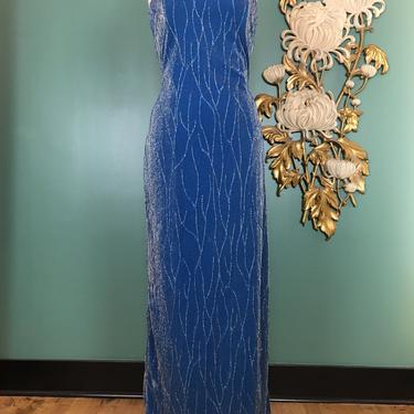 1990s formal dress, metallic blue, gunne sax, vintage 90s dress, strapless evening gown, Jessica McClintock, 38 bust, fitted maxi. hourglass 
