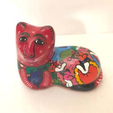 Cat Figurine Redware Clay Mexican Pottery Folk Art  3 1/2&amp;quot; - Hand Painted - Bright red Excellent Condition 