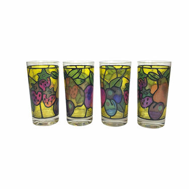Vintage Faux Stained Glass Glasses with Fruit Motif, set of 4 