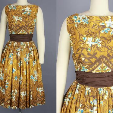 1950s TIKI Dress | Vintage 50s Hawaiian Full Skirt Cotton Tropical Floral Print Dress | xs 