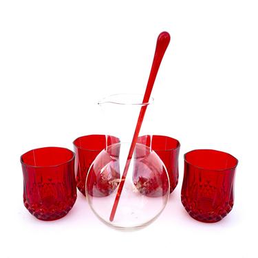 Mid-Century 6-Piece Cocktail Set || Ruby Red Diamond Point Glasses + Clear Glass Cocktail Pitcher + Ruby Red Blown Glass Stir Stick 